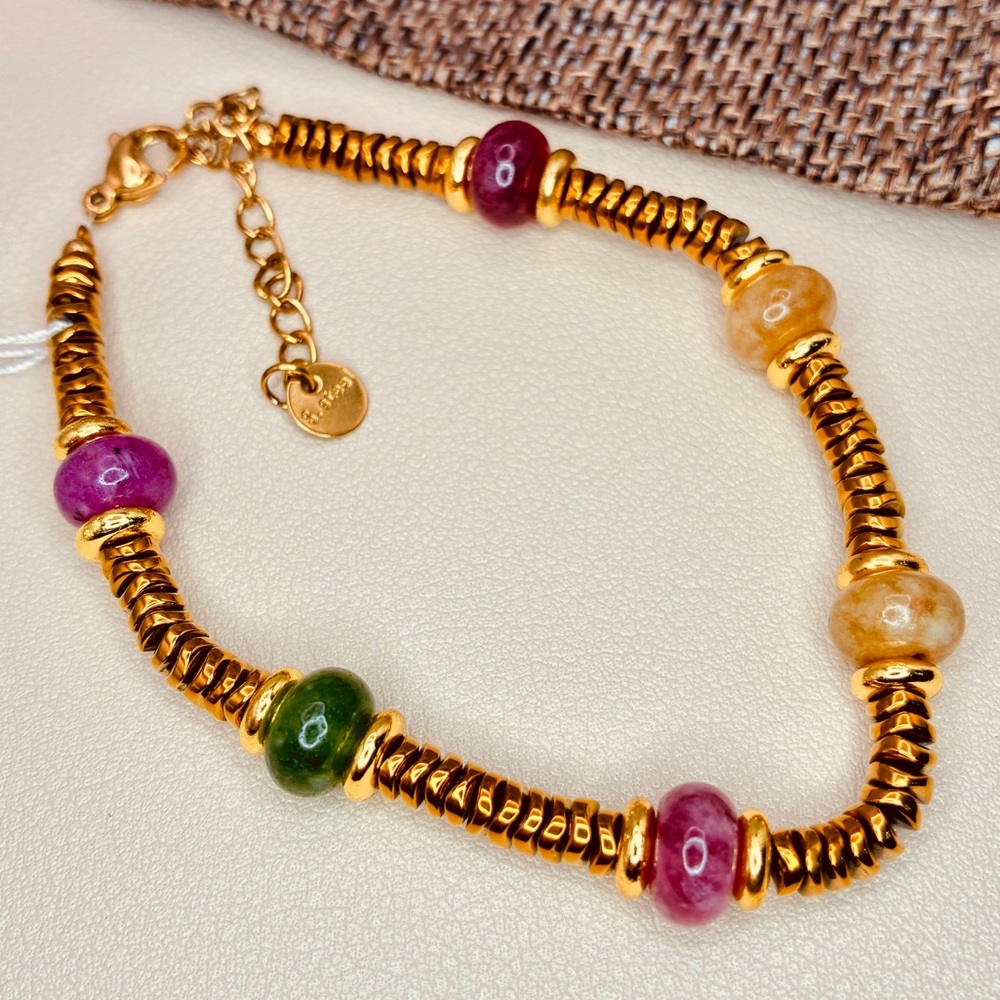 Genuine Gemstones Hematite- Colorful Tourmaline Beaded Gold Bracelet